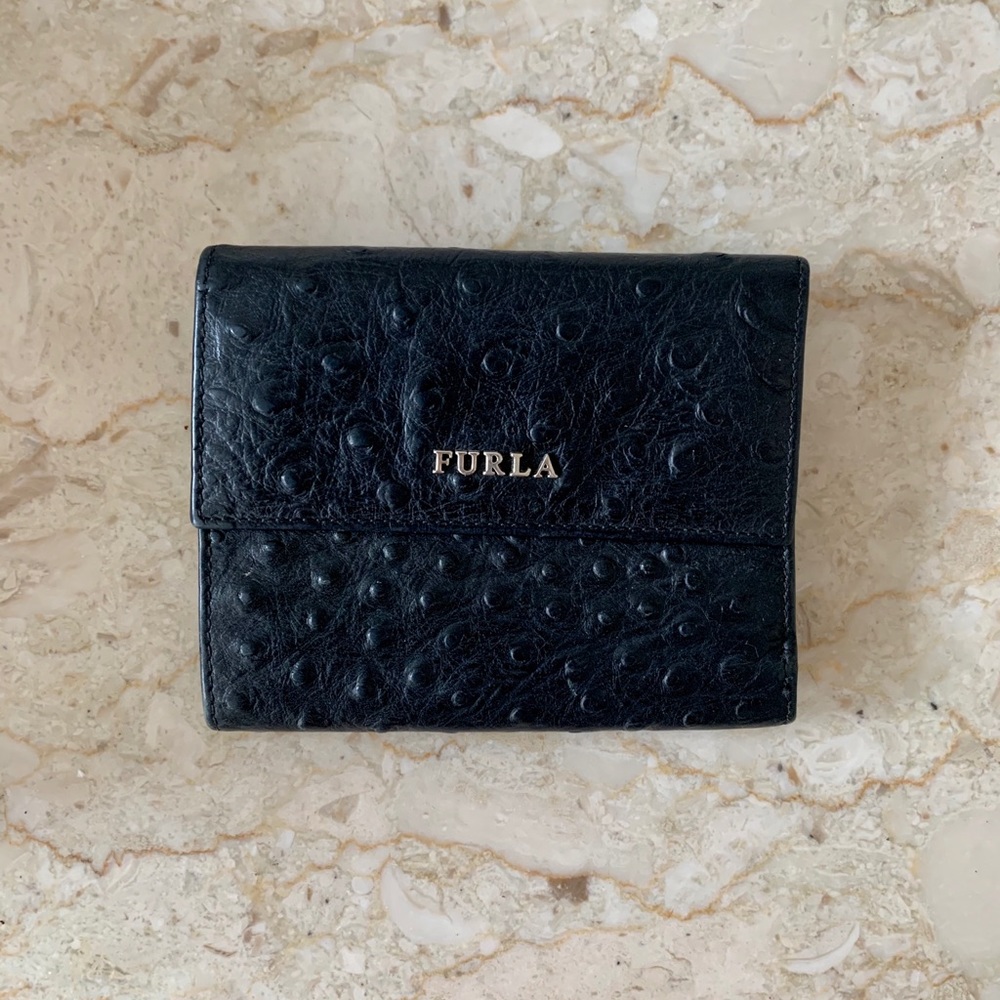 Girls Designer Wallet, Ostrich Leather Black